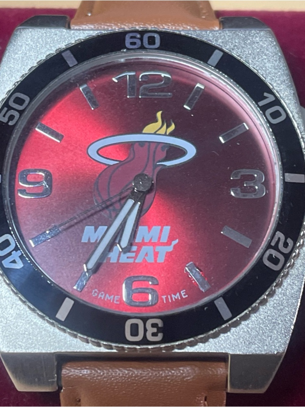 Miami Heat Logo Dial Watch - Red Face, Brown Strap - running - Picture 2 of 5